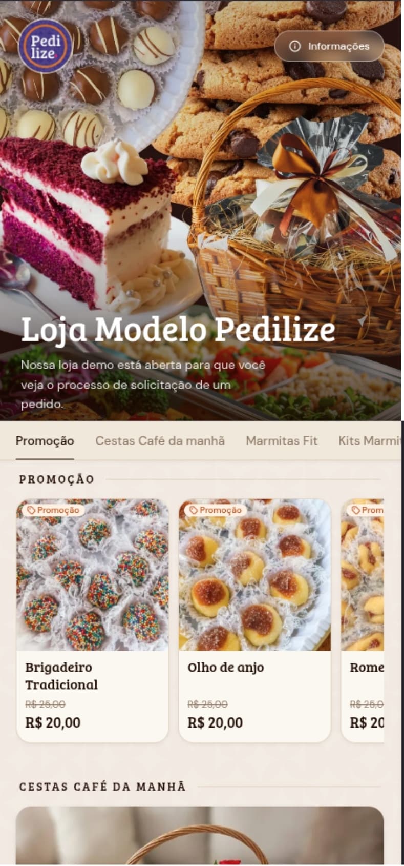 Tela real da loja de exemplo no Pedilize — catálogo com fotos, categorias e preços